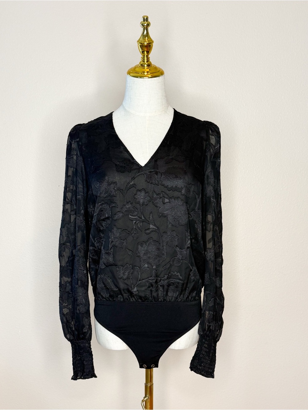 Express Black Floral Jacquard Devore V-Neck Bodysuit Long Sleeve XS